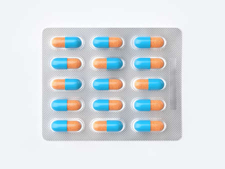 Top view of pharmaceutical blister pack with fifteen pills isolated on white. Photorealistic 3d...