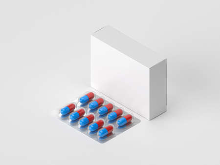 Closeup of blank drug box with pharmaceutical blister pack with ten capsules isolated on white. Isometric photorealistic 3d illustrationの写真素材