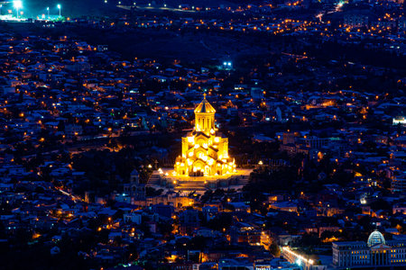 September 02, 2021 - Tbilisi, Georgia: Beautiful panoramic night view of the capital of Georgia...