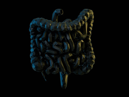 3d illustration of abstract low poly human internal organ - intestine. Large and small intestine isolated on blackの写真素材