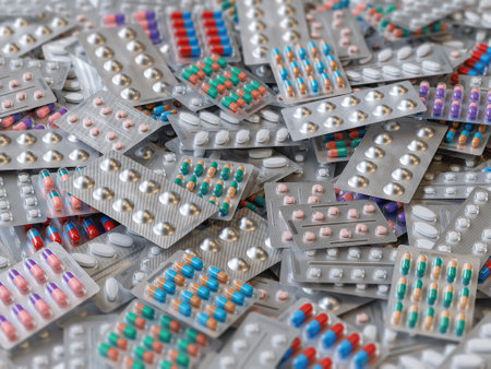 Big heap of various pills and tablets packs and blisters. High quality 3d render