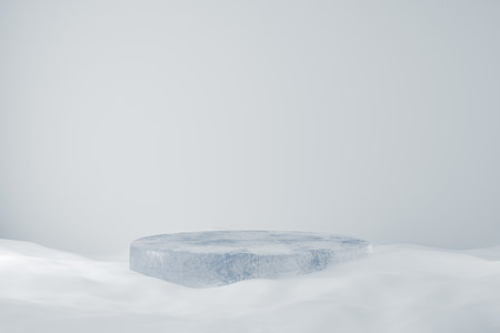 3d presentation pedestal made of ice on snow background. 3d rendering of mockup of presentation podium for display or advertising purposesの写真素材