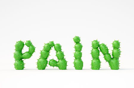 Pain concept 3d illustration. 3d render of cactus letters make pain word isolated on white backgroundの写真素材