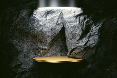 3d presentation pedestal with natural rock on background illuminated by top light. 3d rendering of mockup of presentation podium for display or advertising purposesの写真素材