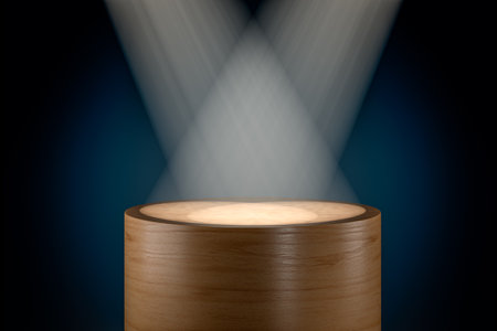 3d presentation pedestal illuminated by ray of spot light. 3d rendering of mockup of presentation podium for display or advertising purposesの写真素材