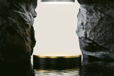 3d presentation pedestal between two rocks in water. 3d rendering of mockup of presentation podium...