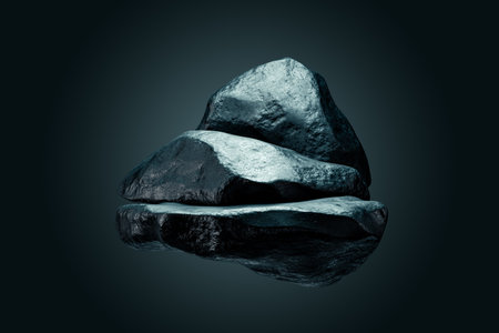 3d presentation pedestal or dais made of natural rock levitating over black background . 3d rendering of mockup of presentation podium for display or advertising purposesの写真素材