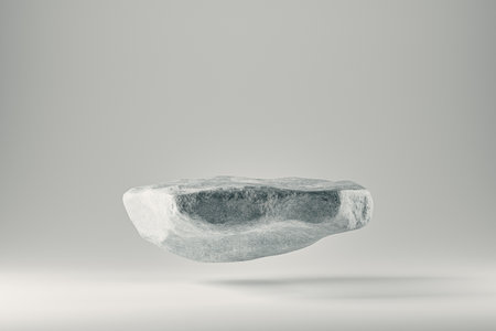 3d presentation pedestal or dais made of natural rock levitating over black background . 3d rendering of mockup of presentation podium for display or advertising purposesの写真素材