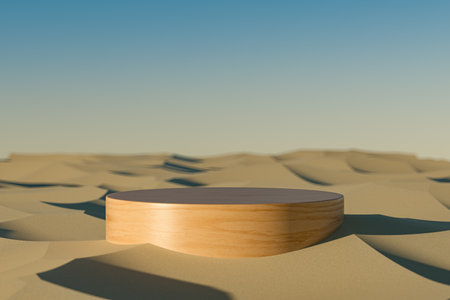 3d presentation pedestal made of wood in desert, outdoor scene. 3d Pedestal at sunset. 3d rendering of mockup of presentation podium for display or advertising purposes. 3D Illustrationの写真素材
