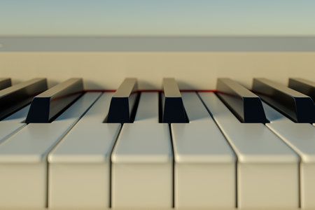 3d illustration of digital piano or synthesizer at the evening, outdoor shot. Closeup of 3d render of piano keysの写真素材