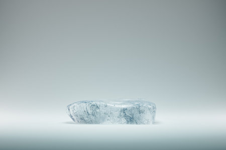 Closeup of 3d presentation pedestal made of ice on white background. 3d rendering of mockup of presentation podium for display or advertising purposesの写真素材