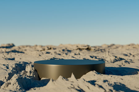3d presentation black pedestal over rock landscape background. 3d rendering of mockup of presentation podium for display or advertising purposes. Selective focusの写真素材