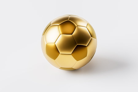 Futuristic soccer ball made of gold on white background. 3d illustration of metallic soccer ball isolatedの写真素材