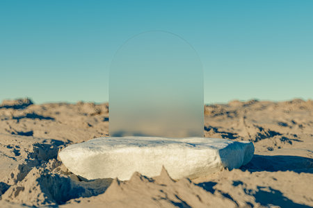 3d presentation pedestal made of rock with square back over rock landscape background. 3d rendering...