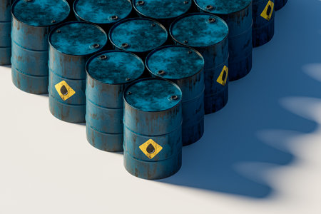3d illustration of group of oil barrels isolated on white. Oil drum