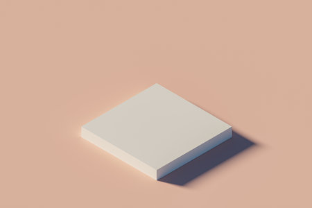 3d presentation square pedestal over pink flat landscape background. Isometric illustration of white pedestal. 3d rendering of mockup of presentation podium for display or advertising purposesの写真素材