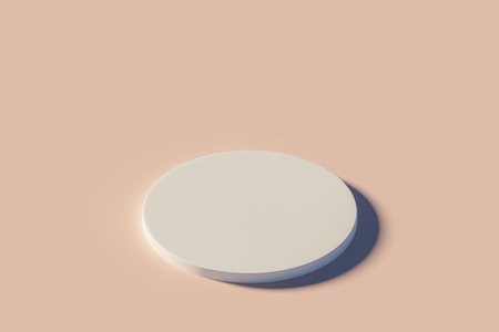 3d presentation round pedestal over pink flat landscape background. Isometric illustration of white pedestal. 3d rendering of mockup of presentation podium for display or advertising purposesの写真素材