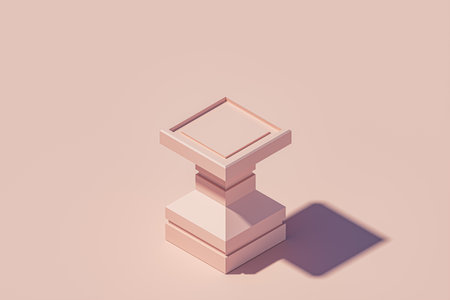 3d presentation pillar pedestal over pink flat landscape background. Isometric illustration of pink pedestal. 3d rendering of mockup of presentation podium for display or advertising purposesの写真素材