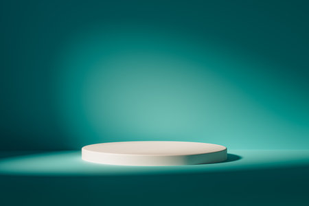 3d presentation pedestal or dais in teal room illuminated by sunlight. 3d rendering of mockup of presentation podium for display or advertising purposesの写真素材
