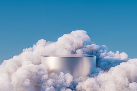 3d surreal presentation metal pedestal levitating in the air in clouds. 3d rendering of mockup of presentation podium for display or advertising purposesの写真素材