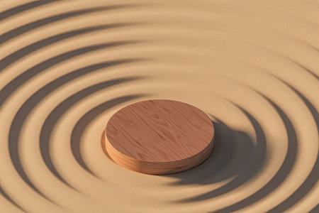 3d presentation pedestal made of wood in Zen garden, outdoor isometric scene. 3d rendering of mockup of presentation podium for display or advertising purposes. 3D Illustrationの写真素材