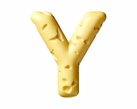 Letters made of cheese. 3d illustration of yellow alphabet isolated on white backgroundの写真素材