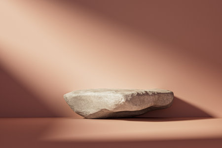 3d presentation pedestal or dais made of rock in pink room illuminated by sunlight. 3d rendering of mockup of presentation podium for display or advertising purposesの写真素材