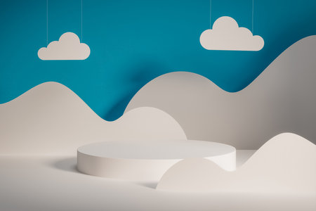 3d presentation pedestal made in paper art carving style over blue background. 3d rendering of mockup of presentation podium for display or advertising purposesの写真素材