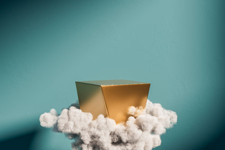 3d surreal presentation golden pedestal levitating in the air in clouds. 3d rendering of mockup of presentation podium for display or advertising purposesの写真素材
