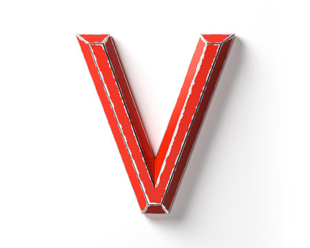 Letters made of red painted metal with scratched borders. 3d illustration of red iron alphabet isolated on white backgroundの写真素材