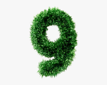 Digits made of green lawn grass. 3d illustration of green plant alphabet isolated on white...