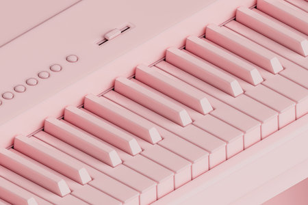 3d illustration digital piano or synthesizer made of pink material. Isometric closeup of 3d render of piano keysの写真素材