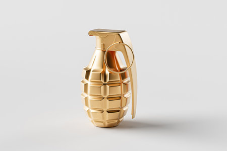 Isolated golden hand grenade with white background. A dangerous weapon of war, symbolizing violence....
