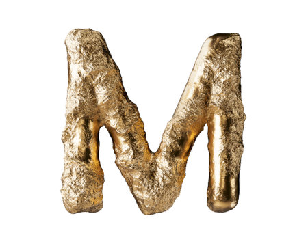 Letters made of raw gold. 3d illustration of golden alphabet isolated on white backgroundの写真素材