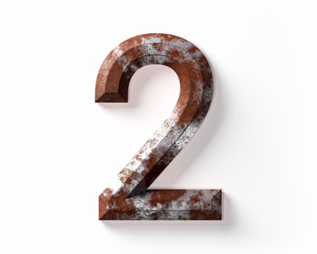 Digit made of rusty metal. 3d illustration of rusty number isolated on white backgroundの写真素材