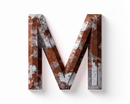 Letters made of rusty metal. 3d illustration of rust iron alphabet isolated on white backgroundの写真素材