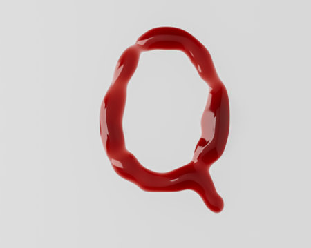 Letters made of red blood like liquid. 3d illustration of red alphabet isolated on white backgroundの写真素材