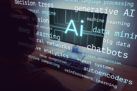 Display of computer monitor showing clouds of AI tags. Concept of modern neural networks, big data...