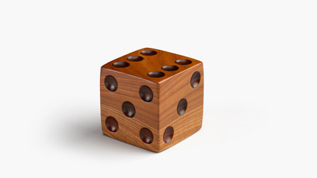 3d render of wooden dice with engraved circular dots on its faces. The dice is for board games, also...
