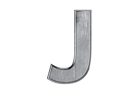 Letters made of rough, scratched and damaged metal. 3d illustration of iron alphabet isolated on white backgroundの写真素材