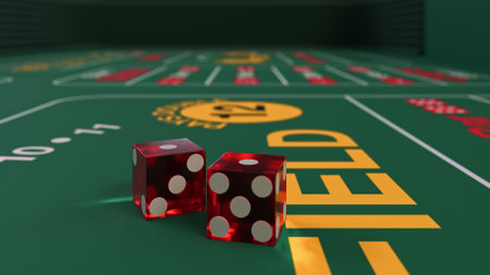 Two red dice are on a green table for casino craps game. The dice are placed in a way that they are facing up one and one. 3d renderの写真素材