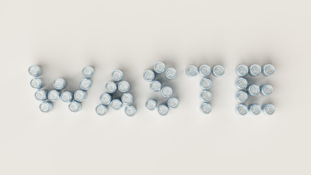 3d illustration of Word Waste made of aluminum beverage cansの写真素材
