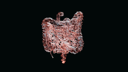 3d render of a vibrant, low-poly intestine over dark background. Intestine wireframe made of light points. 3d illustrationの写真素材