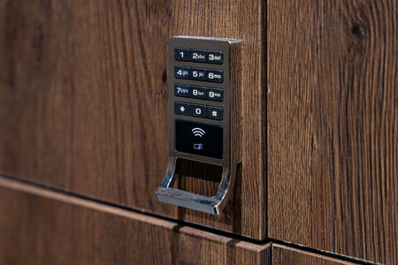 Close up of electronic locker lock with keypad and NFC access in a public changing or gym locker roomの写真素材
