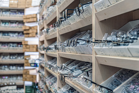 A close-up view of shelves filled with various eyeglasses and frames in an optical store, showcasing a wide range of styles and designs.の写真素材