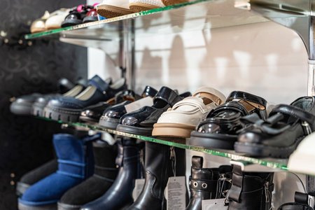 A variety of shoes neatly arranged on glass shelves in a retail store, showcasing different styles and colors for shoppers.の写真素材
