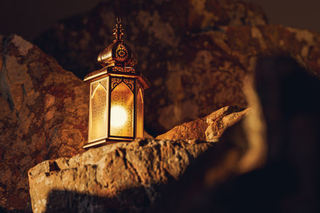 3d illustration isolated of Islamic background with ramadan lantern in rocky cave. 3d still life for greeting cards for ramadan kareem, iftar, isra miraj, eid al fitr adha and muharramの写真素材