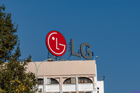 NOVEMBER, 08, 2025 - Tashkent, Uzbekistan: G logo displayed on a building rooftop, framed by a clear...