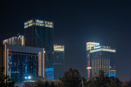14 NOVEMBER, 2025 - Tashkent, Uzbekistan: A stunning view of illuminated skyscrapers against the night sky, Tashkent City new districtのeditorial素材