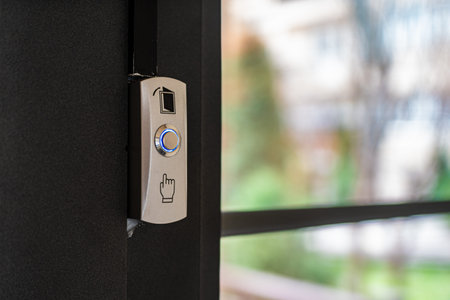 Close-up of a sleek doorbell button featuring a blue indicator light, designed for easy access. The...